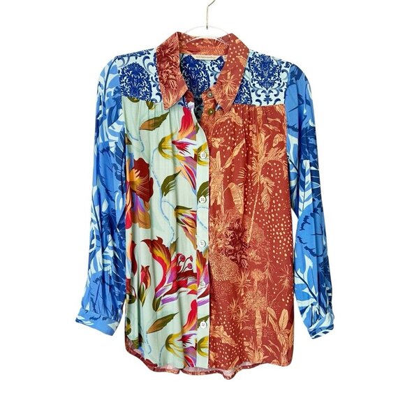 Soft Surroundings Button Up Tunic Top Womens Size Small Petite PS Boho Patchwork - Picture 1 of 8